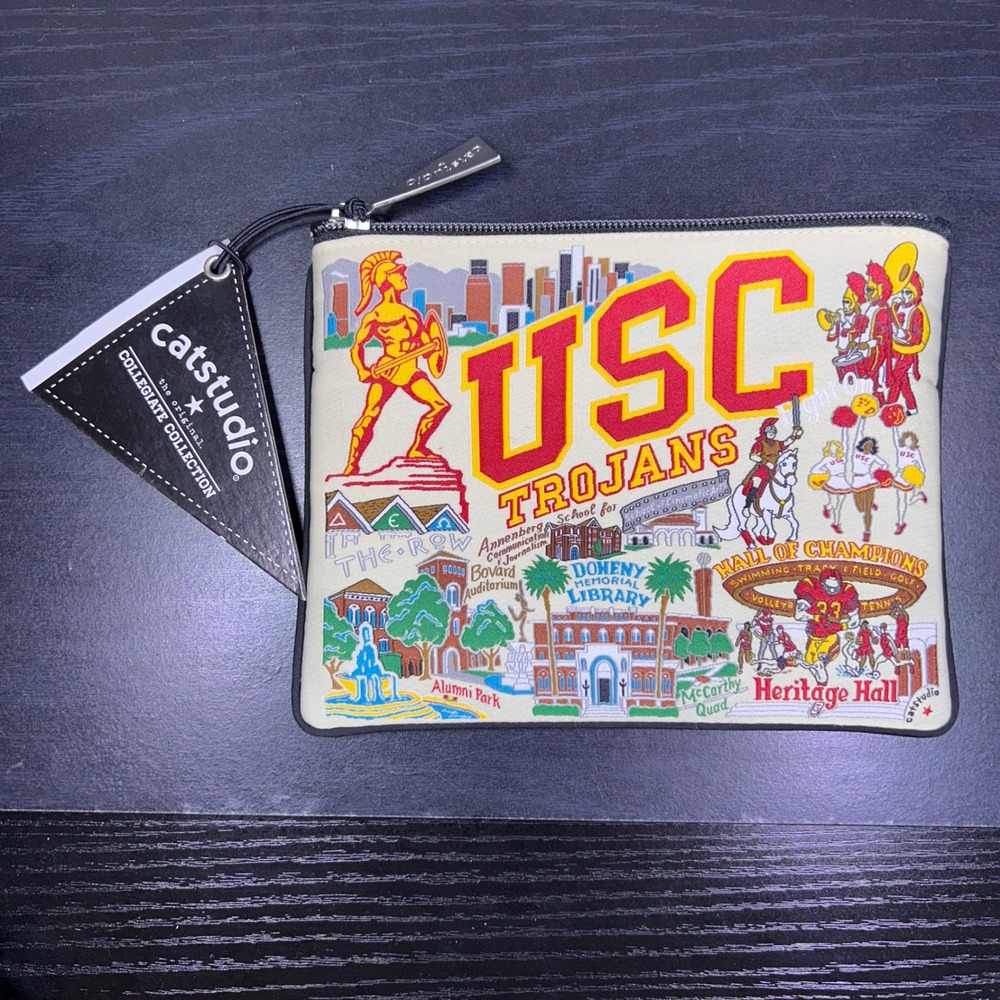 NWT Catstudio USC Trojans Collegiate Zipper Pouch Woven Canvas Makeup Bag Cream